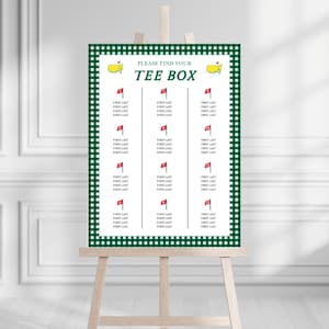 Stoelindeling golf, donkergroen pastel, The Masters, Find Your Seat, teebox, starttijd, verjaardag, Let's Par-Tee, bewerkbare sjabloon, digitaal