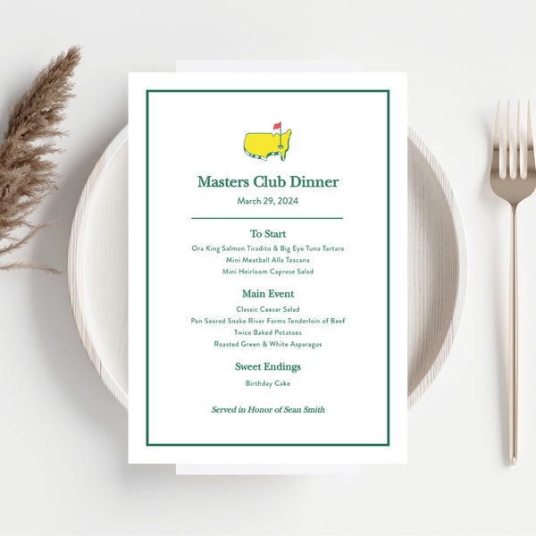 Golf Dinner Menu Sign, Masters Club Dinner, Table Sign, Menu, 5x7, 8x10, Template, Editable