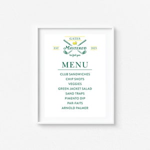 Signe de menu de golf, clubs de golf, signe de table, première année maîtrisée, maîtres, premier anniversaire, anniversaire de golf, par-tee, trou en un