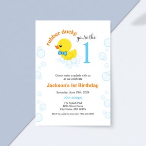 Quietscheentchen Sie sind die Eine Einladung, Junge erster Geburtstag, Entengeburtstag, Entenparty, Gummiente, Quack, Quack, Splish, Splash, Vorlage