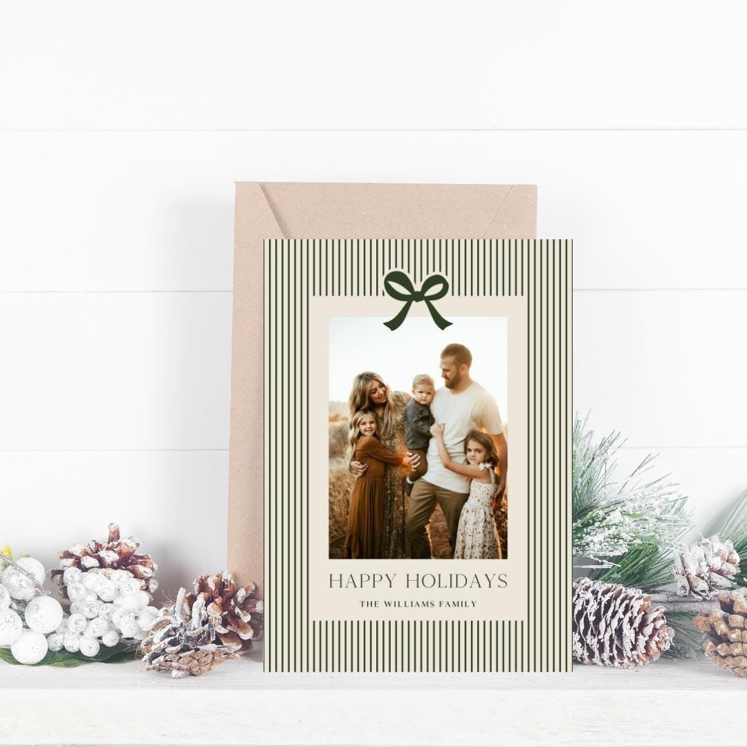 Happy Holidays Card Template, Christmas Card, Family Holiday Card, Stripes, Modern, Simple, Bow, Editable Template, Digital Download