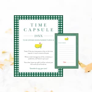 Masters Time Capsule, modello di cartello e biglietto, percalle verde scuro, primo compleanno di golf, primo anno di padronanza, Let's Par-Tee, Hole in One