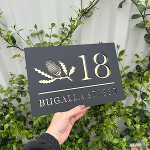 House Number Sign | Personalised Address Plaque | Outdoor Letterbox Sign | Modern Home Address Sign with Banksia Australian Native Plant