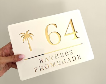 House Number Sign | Personalised Address Plaque | Outdoor Letterbox Sign | Modern Home Address Sign with Coastal Palm Tree Plate