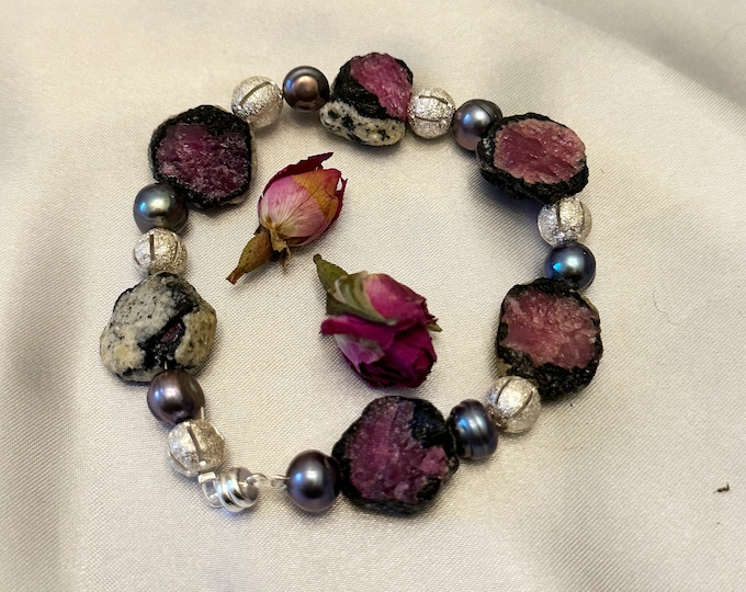 Featured listing image: Genuine Mystic Ruby Gemstone, Peacock Pearl and Sterling Silver Beaded Bracelet with Silver Plated Clasp