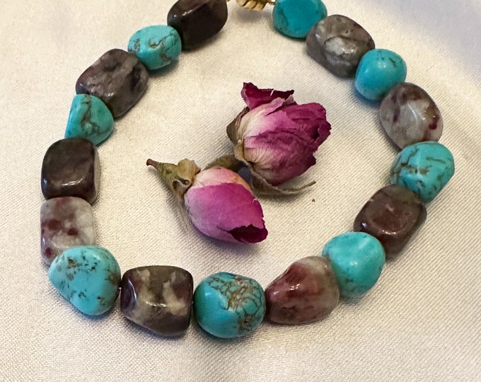 Featured listing image: Genuine Chinese Turquoise and Pink Tourmaline Gemstone with Gold plated clasp.