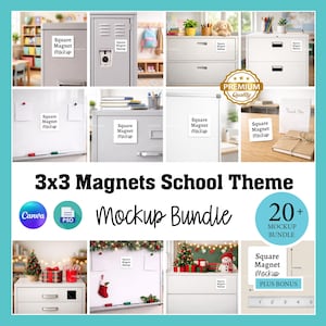 May include: A collection of mockups featuring 3x3 inch square magnets in a school theme. The images show magnets on lockers, whiteboards, and file cabinets. The text includes "Square Magnet Mockup" and "Mockup Bundle".