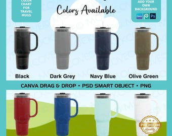 Puede incluir: Imagen que muestra ocho tazas de viaje aisladas en varios colores: negro, gris oscuro, azul marino, verde oliva, rojo, azul real, verde azulado y blanco. Cada taza tiene un asa y una tapa plateada. Se muestra el texto "Insulated Travel Mug 40 oz" y "Colors Available".