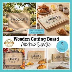 May include: A wooden cutting board mockup bundle with five different designs. The boards are rectangular with a drip ring and feature the text "YOUR DESIGN HERE". The image includes food items like croissants and fruit.