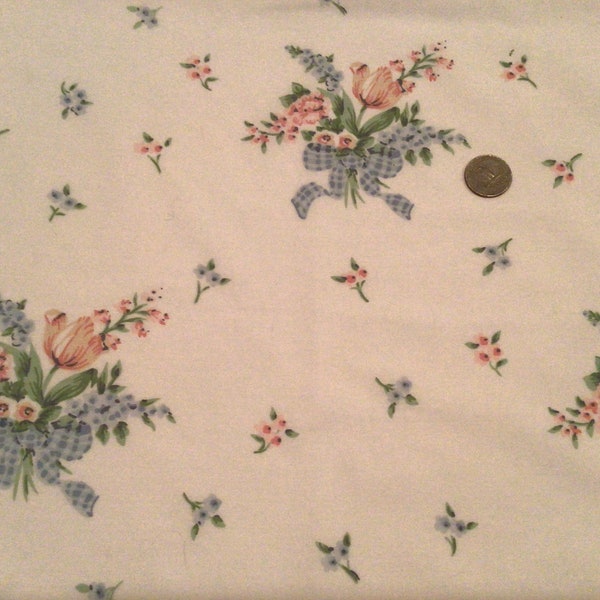 Vintage bed sheet fabric BTHY Fat quarter Torn ribbon Blue and pink  floral French country English Countryside decor French farmhouse