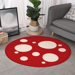 Mushroom Kids Rug: Round Playroom Mat, Red and White Decor