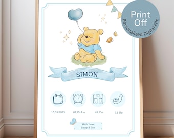 Personalized Winnie The Pooh Birth Stats Print: Baby Girl Nursery Art (Digital Download)