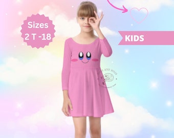 Kirby cute pink dress Kirby gift for gamer kirby Kid&#39;s Long Sleeve Dress