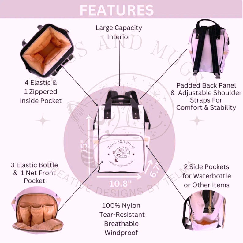 Peut inclure: Sac &agrave; dos blanc et noir avec le texte "Hugs and Mugs" et un dessin d'animal endormi. Comprend un grand compartiment int&eacute;rieur, 4 poches &eacute;lastiques et 1 poche int&eacute;rieure zipp&eacute;e, et 3 poches &eacute;lastiques pour bouteilles et 1 poche avant en filet. Mesure 27,4 cm de large et 38,1 cm de haut.