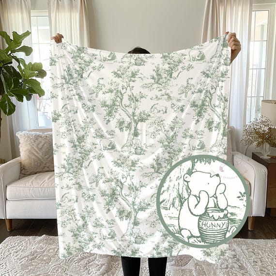 Winnie the Pooh Baby Blanket: Sage Green Toile Velveteen Plush