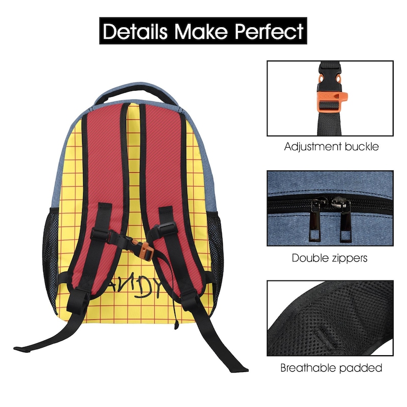 May include: A backpack with a yellow grid pattern, red straps, and the text ANDY. Features include an orange adjustment buckle, black double zippers on a blue fabric section, and a black breathable padded shoulder strap section for comfort.