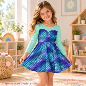 Könnte beinhalten: Ein langärmeliges Kleid mit einem hellen mintgrünen Oberteil und einem ausgestellten Rock mit einem leuchtend blauen und violetten Meerjungfrau-Schuppenmuster. Das Kleid hat einen Rundhalsausschnitt und eine betonte Taille mit Schuppenmuster.