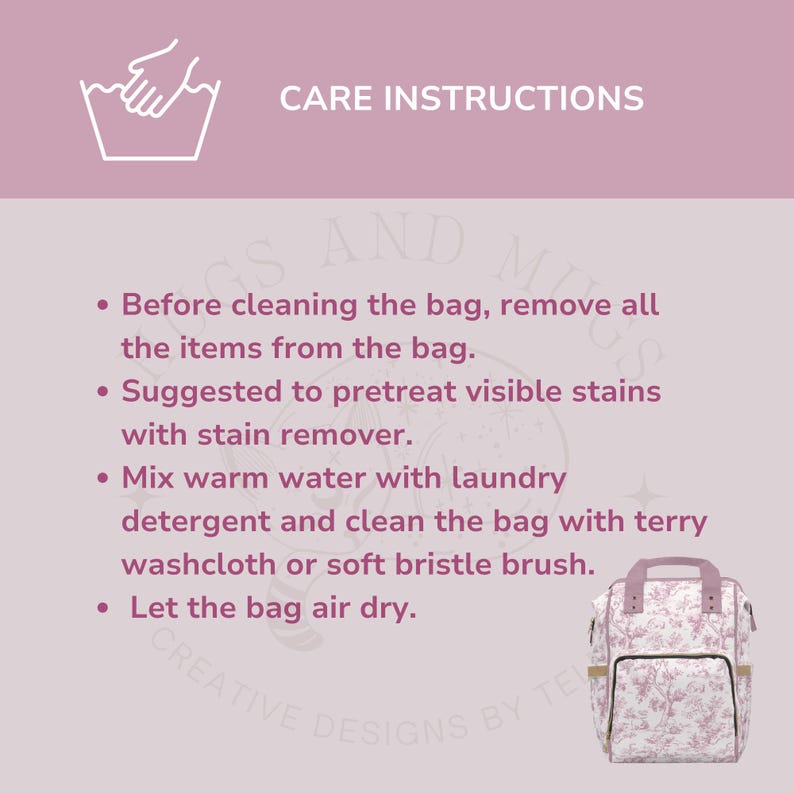 Peut inclure: Un sac &agrave; langer &agrave; imprim&eacute; floral rose et blanc avec une poign&eacute;e sup&eacute;rieure et plusieurs poches. L'image comprend des instructions d'entretien : retirer les articles, pr&eacute;traiter les taches, laver avec du d&eacute;tergent et s&eacute;cher &agrave; l'air. Texte : "CARE INSTRUCTIONS".