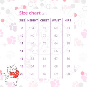 May include: Size chart in centimeters for clothing sizes 8 through 20. The chart lists measurements for height, chest, waist, and hips.