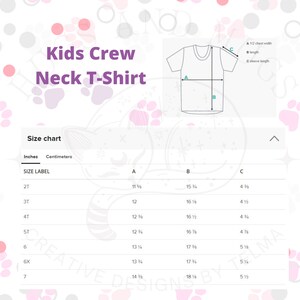 May include: Size chart for kids crew neck t-shirts in inches. The chart shows the size label, half chest width, length, and sleeve length for sizes 2T through 7.