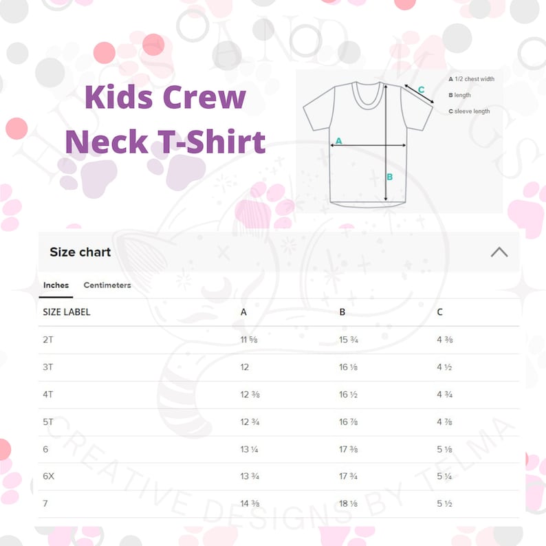 May include: Size chart for kids crew neck t-shirts in inches. The chart shows the size label, half chest width, length, and sleeve length for sizes 2T through 7.