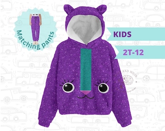 May include: Purple kids' hoodie with a cat face design, featuring a hood with ears and a teal stripe down the front. The hoodie has a white interior and large eyes. Text on the image reads "KIDS 2T-12". Matching pants are also available.