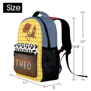 May include: A backpack featuring a yellow grid pattern, a brown cowboy hat and boot graphic, and a cow-print pocket with the name THEO. It measures 17 inches high, 15.5 inches at the back, 11 inches wide, and 5 inches deep, with blue sides and mesh pockets.