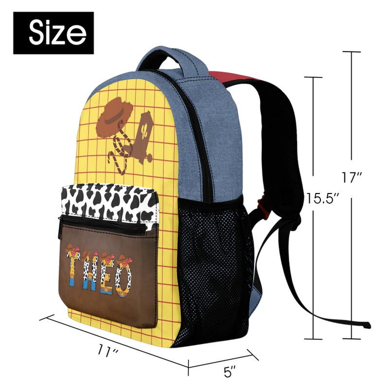 May include: A backpack featuring a yellow grid pattern, a brown cowboy hat and boot graphic, and a cow-print pocket with the name THEO. It measures 17 inches high, 15.5 inches at the back, 11 inches wide, and 5 inches deep, with blue sides and mesh pockets.