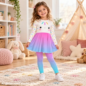 May include: A long-sleeve dress and leggings set featuring a white bodice with a colourful sprinkle pattern and a cartoon face graphic. The skirt and leggings transition from a vibrant pink at the waist to a light blue at the hem and ankles.