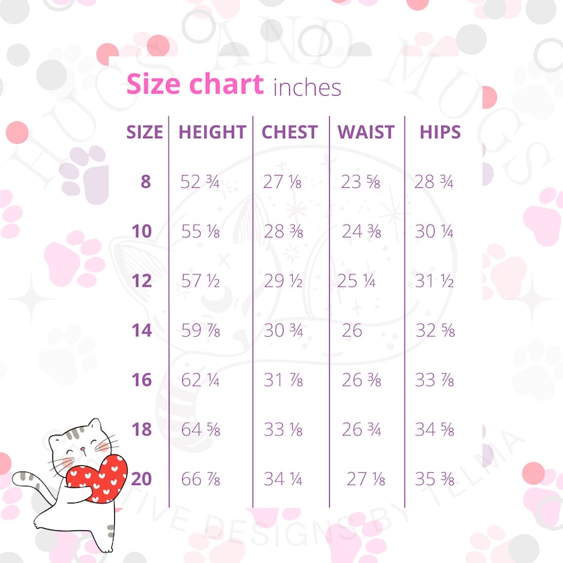 May include: A size chart for clothing in inches. The chart shows sizes 8 through 20 with corresponding measurements for height, chest, waist, and hips.