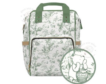 Winnie-the-Pooh Diaper Backpack: Sage Green Toile de Jouy, Gender Neutral