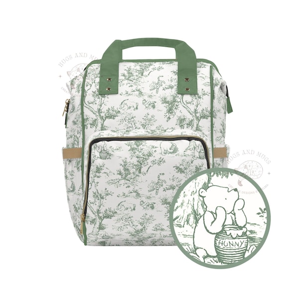 Winnie-the-Pooh Diaper Backpack: Sage Green Toile de Jouy, Gender Neutral