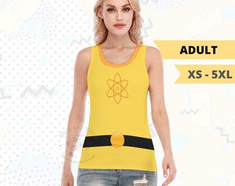 May include: Yellow tank top with an orange neckline and atom symbol graphic. Features a black belt design with a gold buckle. Available in adult sizes XS-5XL.