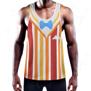 May include: A sleeveless tank top with a colorful striped design in red, orange, and yellow. The top features a white collar, a blue bow tie, and a white pocket square. The tank top is made of a breathable material.