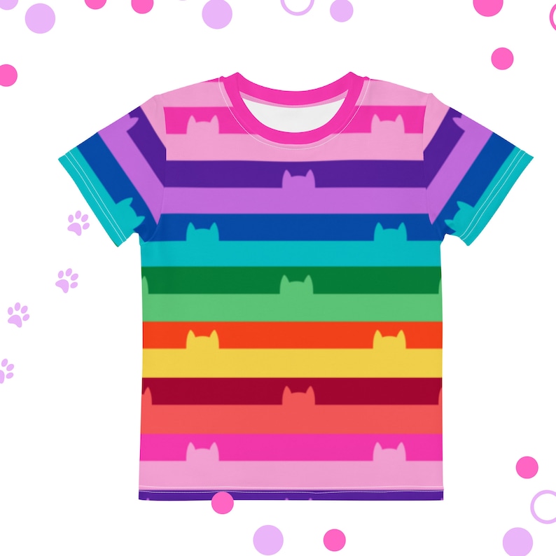 May include: A colorful rainbow striped t-shirt with a silhouette of a cat on each stripe. The shirt is pink, purple, blue, green, yellow, orange, and red.