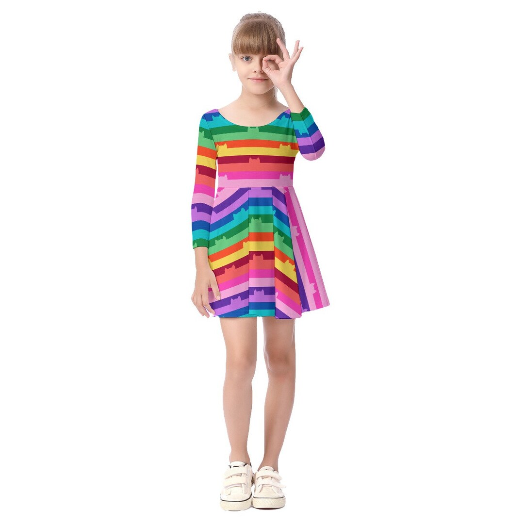 Gabby's Dollhouse Dress Rainbow Cat Striped Long Sleeved Dress Gabby's