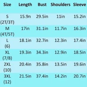 May include: A chart with size measurements for clothing. Sizes range from S to 3XL, with corresponding measurements for length, bust, shoulders, and sleeve length in inches. The chart is on a light blue background.