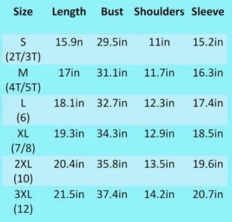 May include: A chart with size measurements for clothing. Sizes range from S to 3XL, with corresponding measurements for length, bust, shoulders, and sleeve length in inches. The chart is on a light blue background.