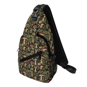 May include: A black sling backpack with a vibrant pattern of mushrooms and foliage. The bag features a black mesh side pocket, a black zipper, and a black adjustable strap. The design includes red, brown, and beige mushrooms.