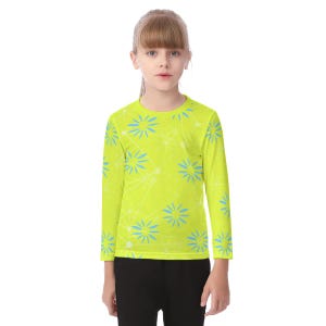 May include: A long-sleeved shirt in a bright yellow-green color, adorned with a pattern of blue floral designs and white connecting lines. The shirt is worn by a young person, paired with black pants.