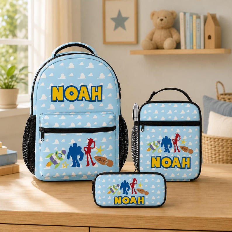 Op de afbeelding: Een lichtblauwe set bestaande uit een rugzak, lunchtas en etui met een wit wolkenpatroon, de naam NOAH in gele letters en kleurrijke karakterafbeeldingen, waaronder een space ranger, een cowboy en een raket op elk item.