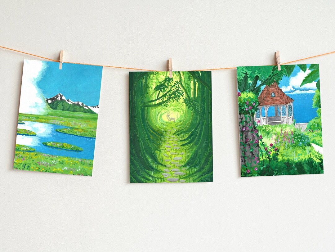 Anime Wall Art Set of 3, Anime Art Prints, Japanese Cottage Core Paintings, Gouache Painting