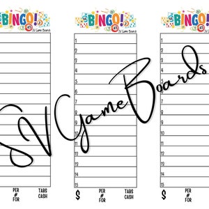 May include: Three blank bingo cards with the word "BINGO!" in colorful letters at the top of each card. The cards are numbered 1-15 and have spaces for players to mark their numbers.