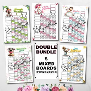 Peut inclure: Ensemble de cinq planches de jeu de bingo sur différents thèmes : ananas, fleur de cerisier, arc-en-ciel, pastèque et tournesol. Les planches sont étiquetées "Double Bundle" et "5 Mixed Boards".