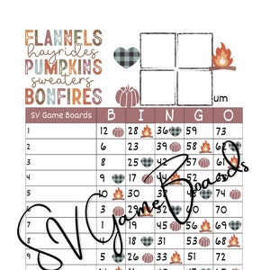May include: A seasonal bingo game board featuring autumn-themed words like "Flannels" and "Bonfires". The board includes numbers, pumpkin and heart symbols, and fire graphics. The text "SV Game Boards" is also visible.