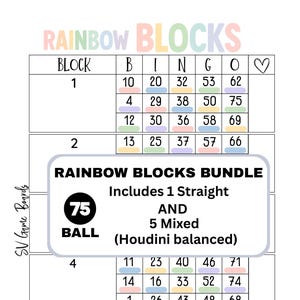 Peut inclure: Un ensemble de cartes de bingo colorées avec le texte "RAINBOW BLOCKS" en haut. La carte comprend des numéros dans une grille, avec les mots "BLOCK", "B", "I", "N", "G" et "O" en haut. L'ensemble comprend un "Rainbow Blocks Bundle" avec 1 carte droite et 5 mixtes.