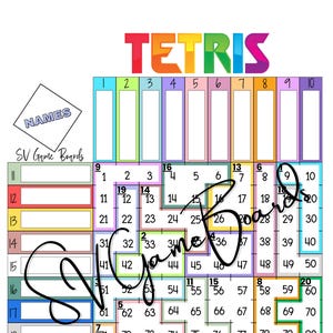 May include: A colourful Tetris-themed game board with a grid of numbered squares. The word "TETRIS" is at the top in rainbow colours. The board includes spaces for names and is designed by SV Game Boards.