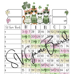 Puede incluir: Una tarjeta de bingo con temática del Día de San Patricio con los números del 1 al 75. La tarjeta tiene un esquema de color verde, blanco y dorado con acentos de trébol. La tarjeta está diseñada para un juego de bingo.