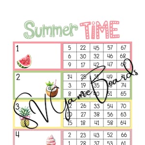 Könnte beinhalten: Eine sommerliche Bingo-Karte mit Illustrationen von Wassermelone, Kokosnuss, Ananas und Eiscreme. Die Karte zeigt den Text "Summer Time" und nummerierte Quadrate zum Spielen.