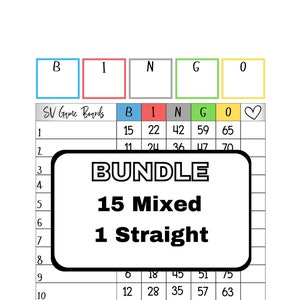 May include: A printable bingo card bundle with 15 mixed and 1 straight bingo cards. The card has a blue, red, grey, green, and yellow column with the letters B, I, N, G, and O at the top. The numbers 1-75 are listed in the grid.